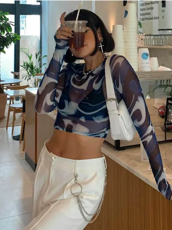 Swirl Pattern Long Sleeve Mesh Crop Top - Image 3