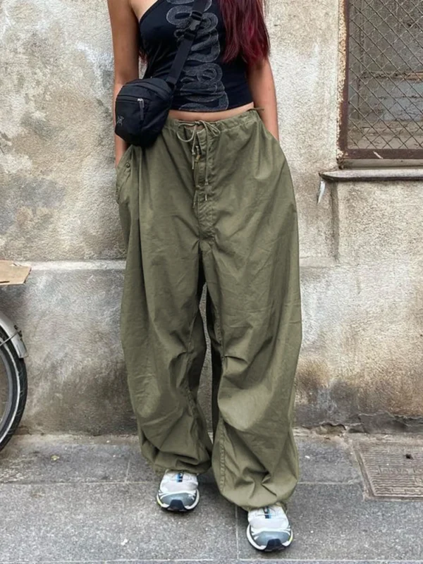 Baggy Wide Leg Low Waist Drawstring Cotton Pants - Image 2