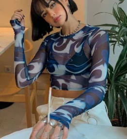 Swirl Pattern Long Sleeve Mesh Crop Top