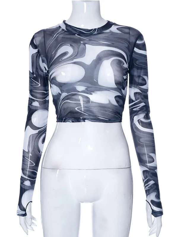 Swirl Pattern Long Sleeve Mesh Crop Top - Image 8