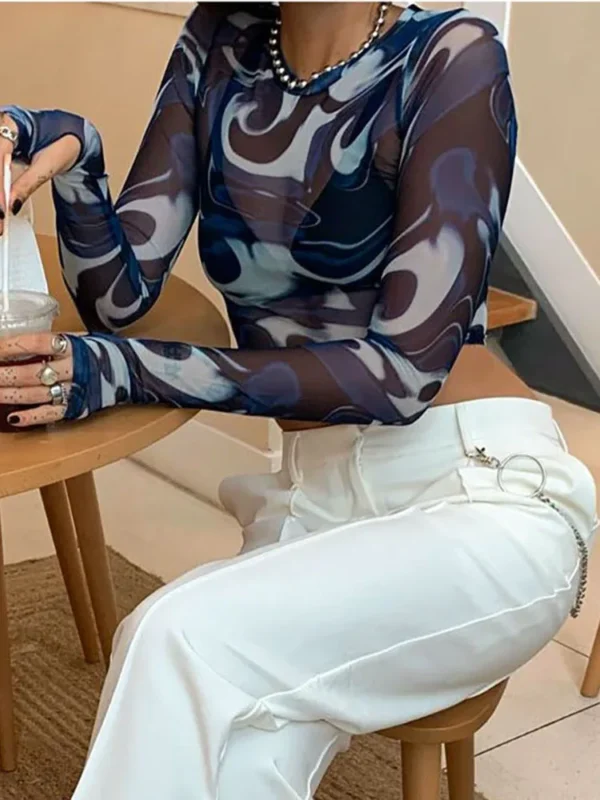 Swirl Pattern Long Sleeve Mesh Crop Top - Image 5