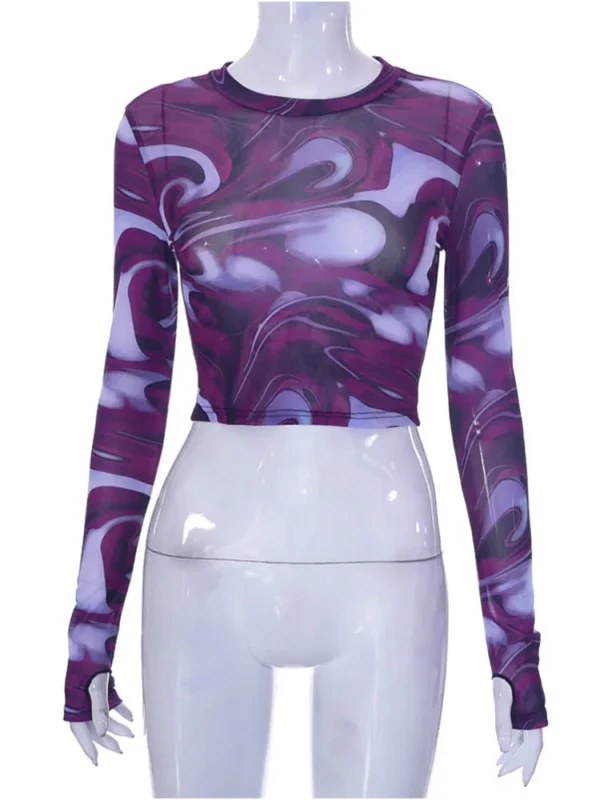 Swirl Pattern Long Sleeve Mesh Crop Top - Image 9
