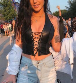 Black Backless Faux Leather Lace Up Vest Top