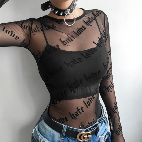 Hate Love Pattern Long Sleeve Mesh Top - Image 4
