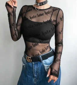 Hate Love Pattern Long Sleeve Mesh Top