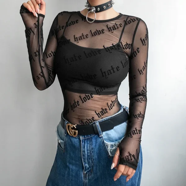Hate Love Pattern Long Sleeve Mesh Top
