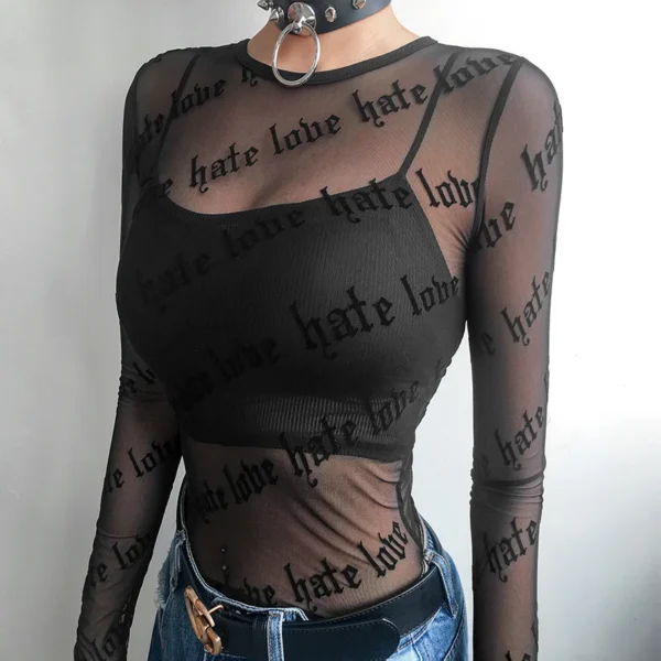 Hate Love Pattern Long Sleeve Mesh Top - Image 2