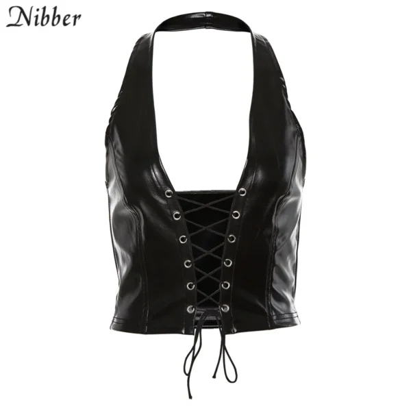 Black Backless Faux Leather Lace Up Vest Top - Image 16