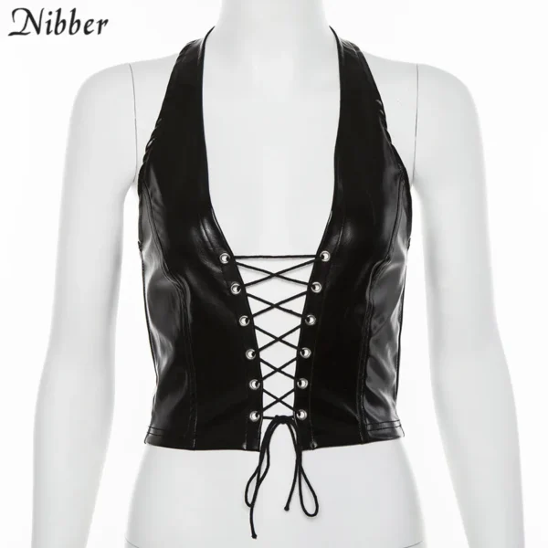 Black Backless Faux Leather Lace Up Vest Top - Image 5
