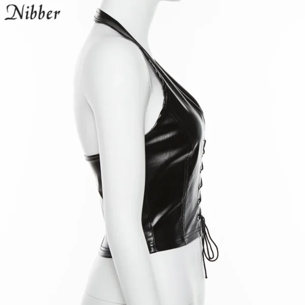 Black Backless Faux Leather Lace Up Vest Top - Image 4
