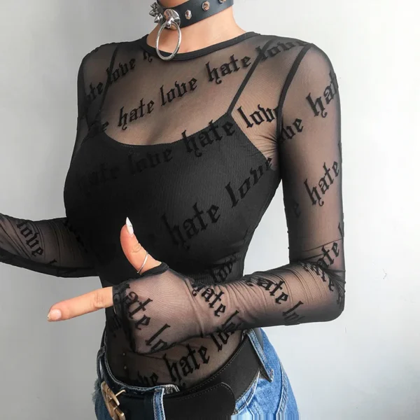 Hate Love Pattern Long Sleeve Mesh Top - Image 3