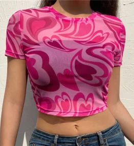 Heart Pattern Short Sleeve Mesh Sheer Crop Top