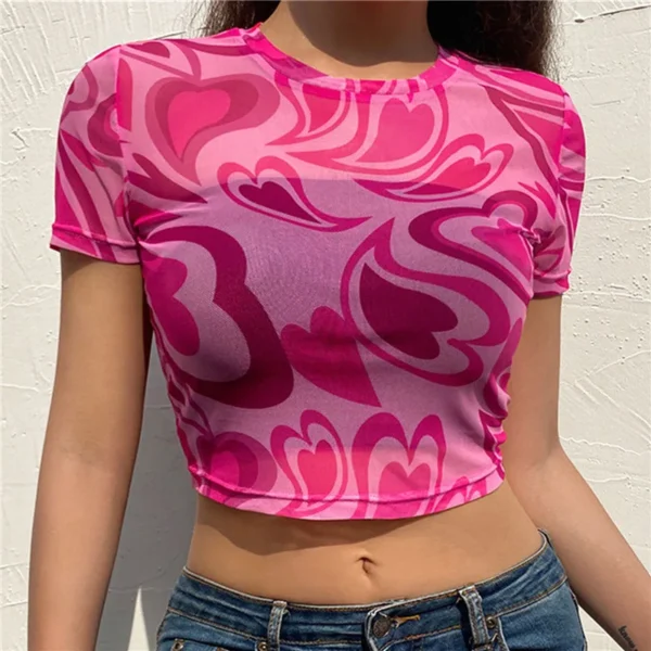 Heart Pattern Short Sleeve Mesh Sheer Crop Top