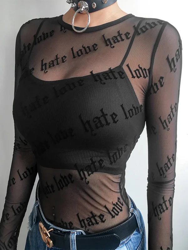 Hate Love Pattern Long Sleeve Mesh Top - Image 5