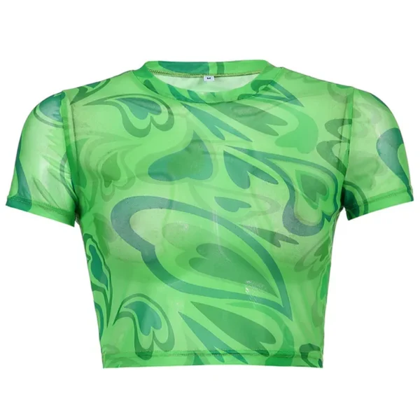 Heart Pattern Short Sleeve Mesh Sheer Crop Top - Image 5
