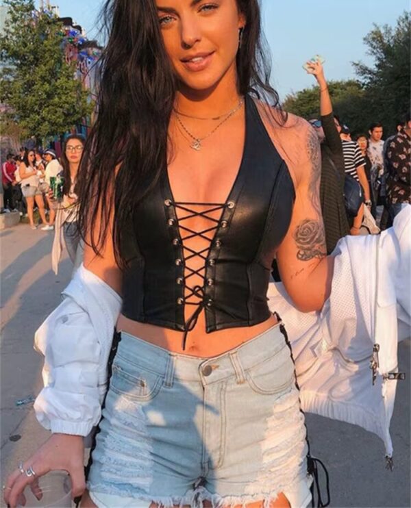 Black Backless Faux Leather Lace Up Vest Top - Image 2