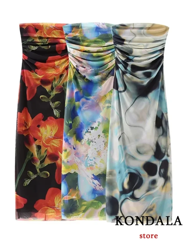 Strapless Flower Pattern Chiffon Midi Dress