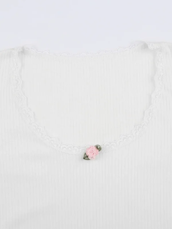 Lace Trim Flower Detail Round Neck Ribbed Top - Image 6