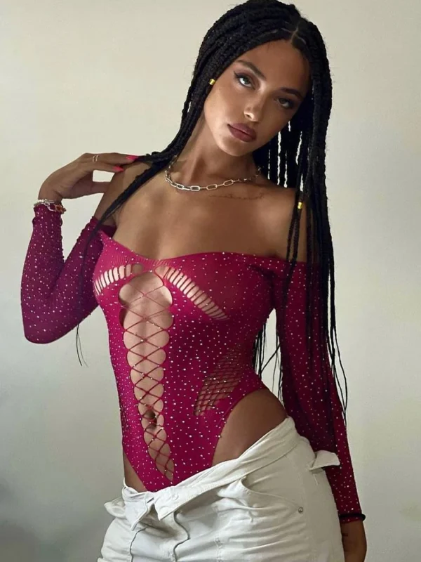 Off Shoulder Sparkly Mesh Bodysuit - Image 21