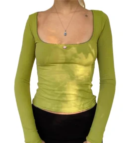 Lace Trim Flower Detail Square Neck Crop Top