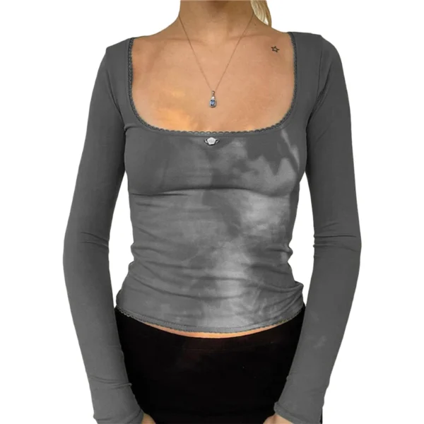 Lace Trim Flower Detail Square Neck Crop Top - Image 2