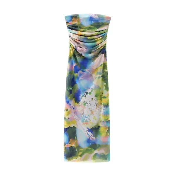 Strapless Flower Pattern Chiffon Midi Dress - Image 10