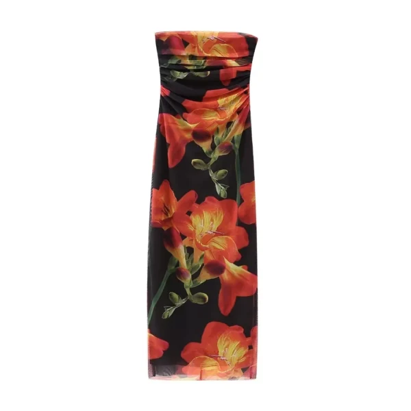 Strapless Flower Pattern Chiffon Midi Dress - Image 7