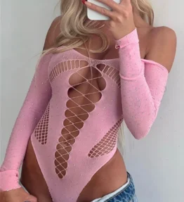 Off Shoulder Sparkly Mesh Bodysuit