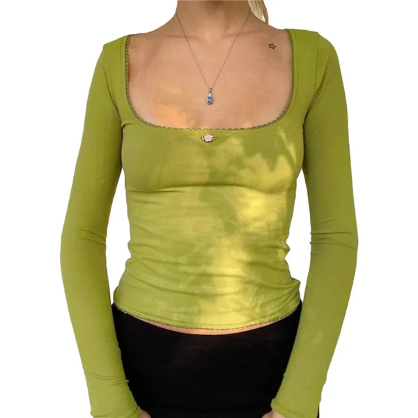 Lace Trim Flower Detail Square Neck Crop Top - Image 6